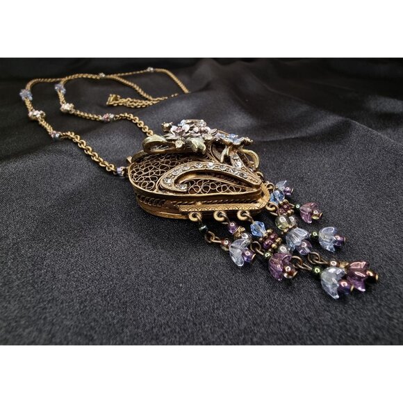 Vintage-Inspired SWEET ROMANCE Signed Floral Heart Long Locket Necklace With Cry - Picture 5 of 7